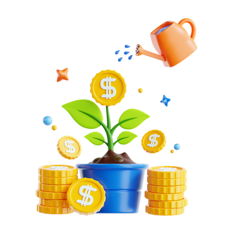 Growth of Wealth Illustrated Through Coins and a Plant  3D Icon