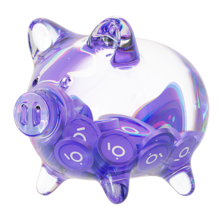 Grt Clear Glass Piggy Bank With Decreasing Piles Of Crypto Coins  3D Icon