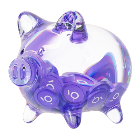 Grt Clear Glass Piggy Bank With Decreasing Piles Of Crypto Coins  3D Icon