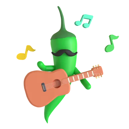 Grüne Chilischote spielt Gitarre  3D Illustration