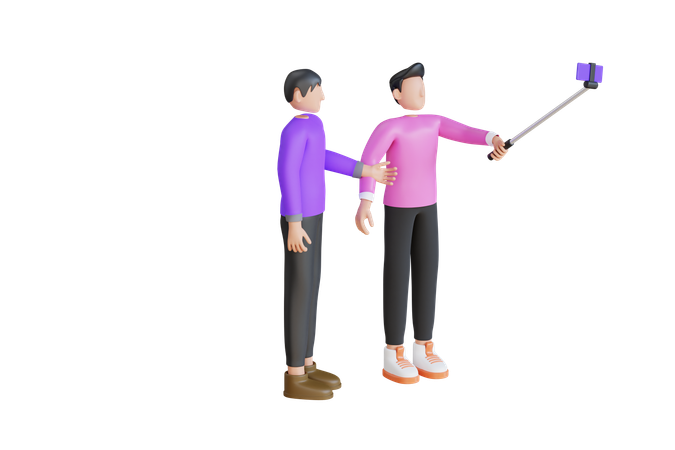 Gruppe von Freunden macht Selfie mit Selfie-Stick  3D Illustration