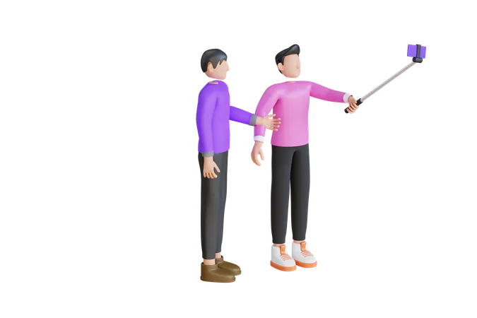 Gruppe von Freunden macht Selfie mit Selfie-Stick  3D Illustration