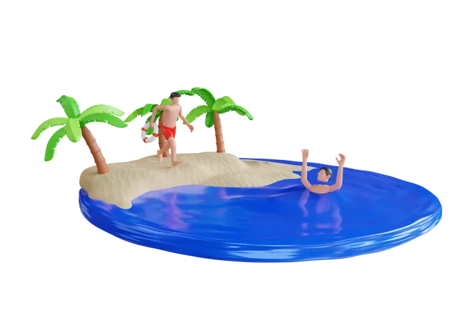 3 D Illustration Of Guard Beach Run To Rescue Drowning Man Lifeguard Rescues Drowning Man 3D Icon