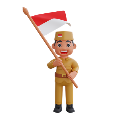 Guerrero indonesio sosteniendo bandera  3D Illustration