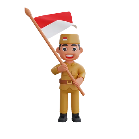 Guerrero indonesio sosteniendo bandera  3D Illustration