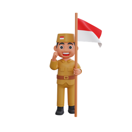 Guerrero indonesio sosteniendo bandera  3D Illustration