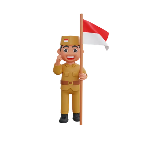 Guerrero indonesio sosteniendo bandera  3D Illustration