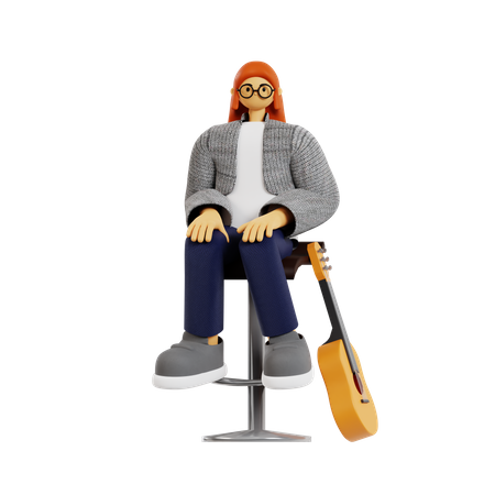 Guitarrista feminina sentada na mesa  3D Illustration