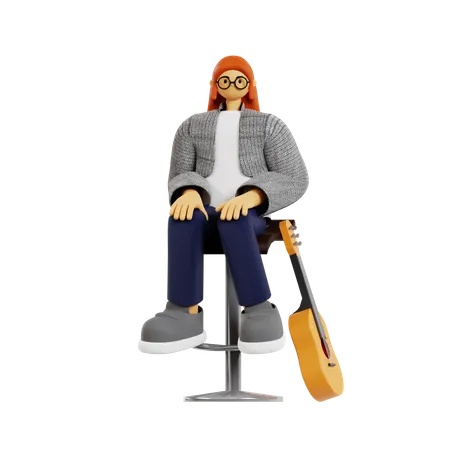 Guitarrista feminina sentada na mesa  3D Illustration