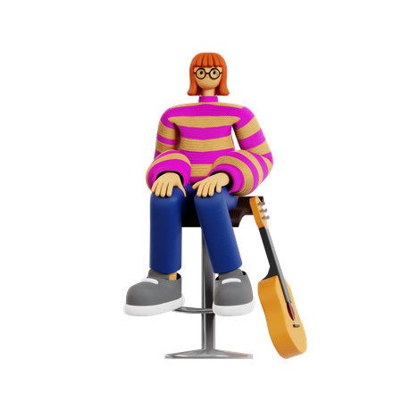 Guitarrista feminina sentada na mesa  3D Illustration