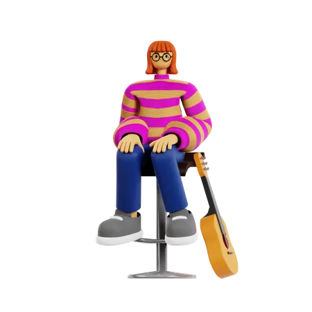 Guitarrista feminina sentada na mesa  3D Illustration