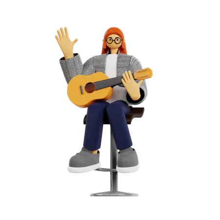 Guitarrista feminina tocando guitarra  3D Illustration