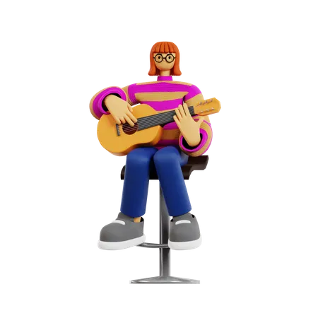 Guitarrista feminina tocando guitarra  3D Illustration