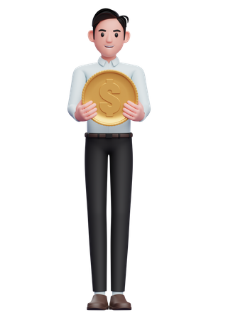 Hübscher Geschäftsmann im blauen Hemd mit Münze  3D Illustration