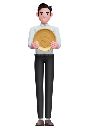 Hübscher Geschäftsmann im blauen Hemd mit Münze  3D Illustration