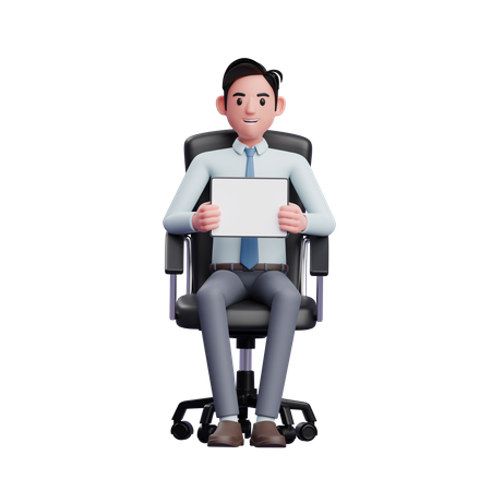 Hübscher Geschäftsmann sitzt im Bürostuhl und hält ein Tablet in der Hand, während er den Tablet-Bildschirm im Querformat zeigt  3D Illustration
