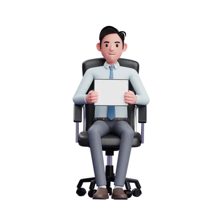 Hübscher Geschäftsmann sitzt im Bürostuhl und hält ein Tablet in der Hand, während er den Tablet-Bildschirm im Querformat zeigt  3D Illustration