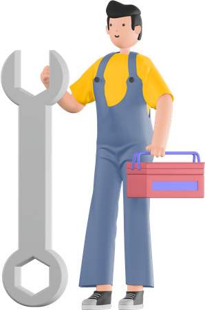 Guy holding wrench and toolkit 3D Illustration