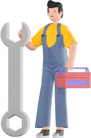 Guy holding wrench and toolkit 3D Illustration