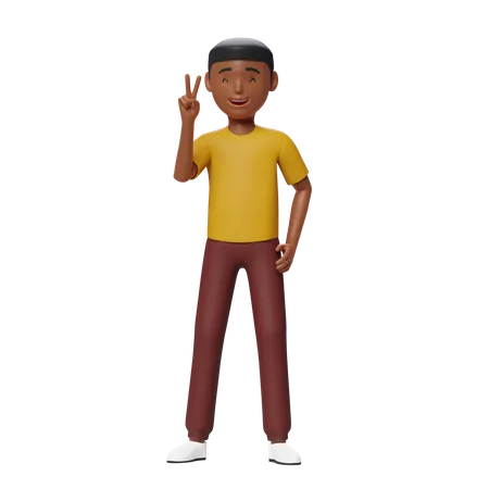 Guy Smiling and showing victory sign 3D Illustration