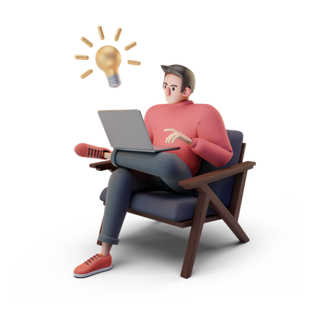 Guy working on laptop with idea  3D Illustration