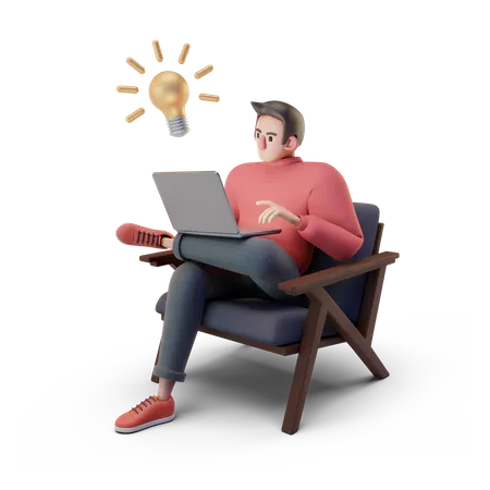 Guy working on laptop with idea  3D Illustration