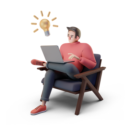 Guy working on laptop with idea 3D Illustration