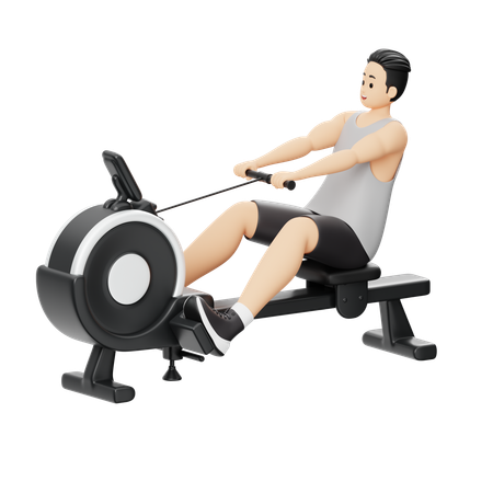 Gym boy doing exercise on Rowing Machine  3D Illustration