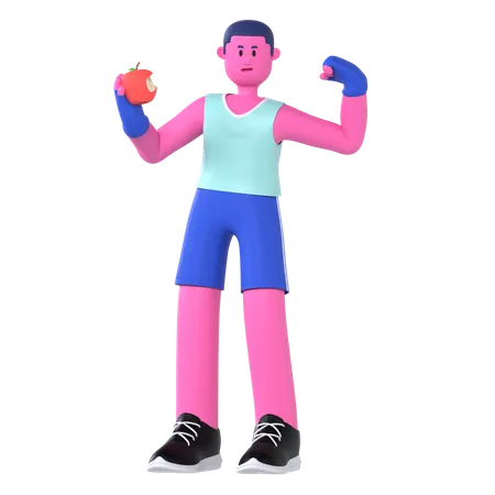 L'homme de gym mange des fruits  3D Illustration