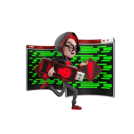 Hacker running with pen drive  3D Illustration