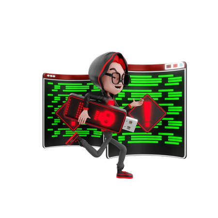 Hacker running with pen drive 3D Illustration