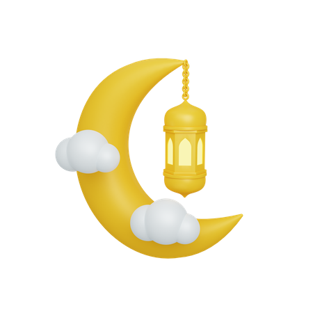 Half moon and lantern with cloud  3D Illustration