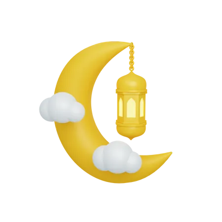 Half moon and lantern with cloud  3D Illustration