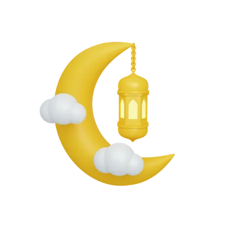 Half moon and lantern with cloud 3D Illustration