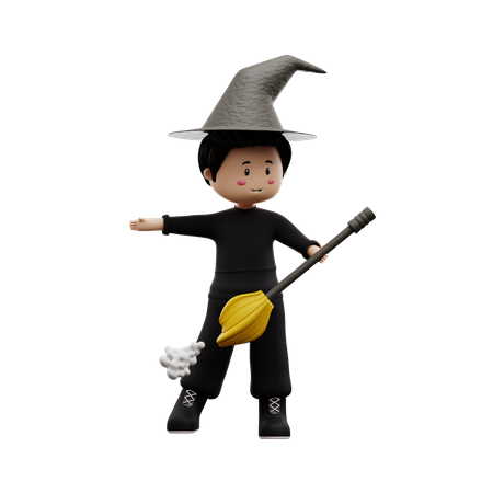 Halloween Boy Magic Broom  3D Illustration