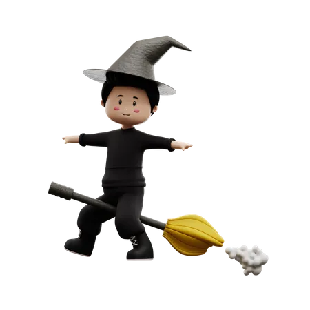 Halloween Boy On Broom  3D Illustration