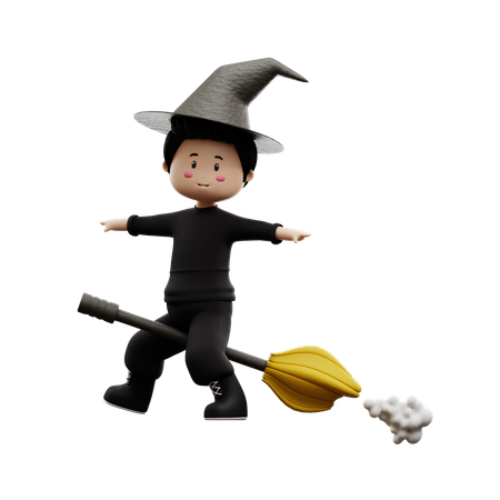 Halloween Boy On Broom  3D Illustration