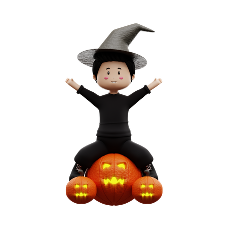 Halloween Boy On Pumpkin  3D Illustration