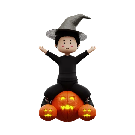 Halloween Boy On Pumpkin  3D Illustration
