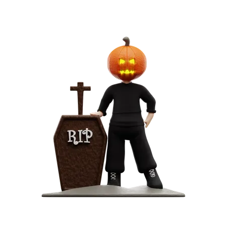 Halloween Boy Stands Gravestone  3D Illustration