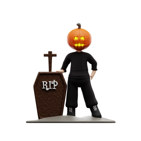 Halloween Boy Stands Gravestone  3D Illustration