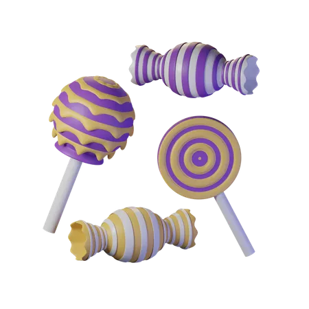 Four Halloween Candies In Purple And Yellow 3D Icon