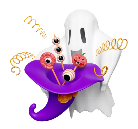 3 D Halloween Holiday Party With Cute Ghost Flying Holding Witch Hat Candy Snacks Isolated 3D Icon