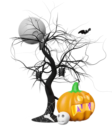 3 D Happy Halloween Party With Full Moon Bats Pumpkin Head Tree Skull Isolated 3 D Render Illustration 3D Icon
