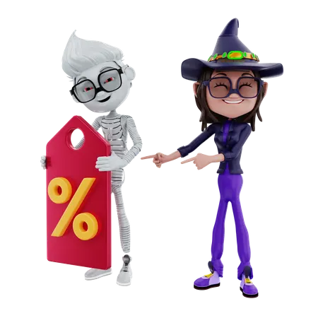 Halloween character showing discount tag  3D Illustration