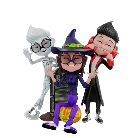 Halloween characters having fun  3D Illustration