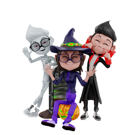 Halloween characters having fun 3D Illustration
