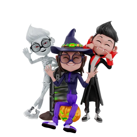 Halloween characters having fun 3D Illustration