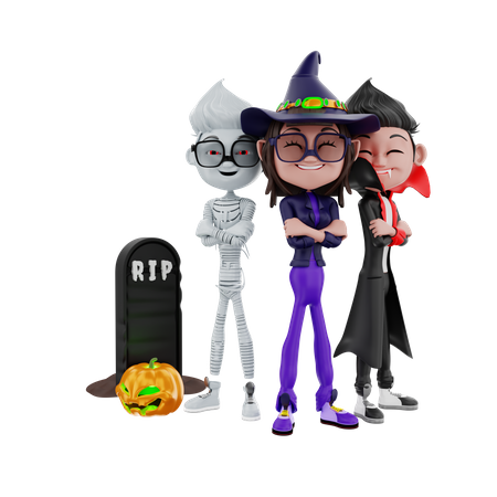 Halloween characters posing together  3D Illustration