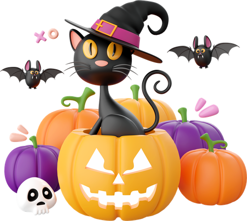 Citrouille d'Halloween avec chat noir  3D Icon